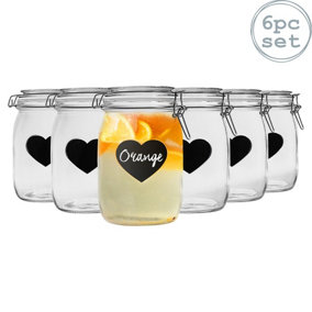 Heart Glass Storage Jars with Labels - 1 Litre - White Seal - 6pc