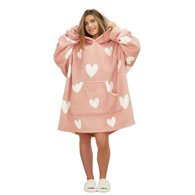 Heart Print Hoodie Blanket Oversized Fleece Sherpa Throw