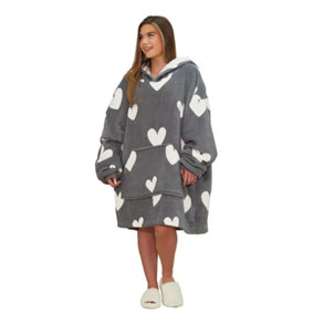 Heart Print Hoodie Blanket Oversized Fleece Sherpa Throw
