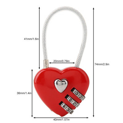 Heart Shape 3 Digit Code Combination Luggage Bag Lock Password Security Couple Padlock(Red)