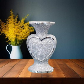 Heart Shape Crushed Diamond Glitter Silver Sparkle Flower Vase (30 CM)
