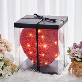 Heart Shape Simulation Foam Immortal Flower Rose with Gift Box and Warm Lights