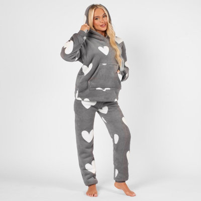 Heart Sherpa Fleece Pyjama Set Soft Womens PJ Top Jumper Joggers Warm - Medium