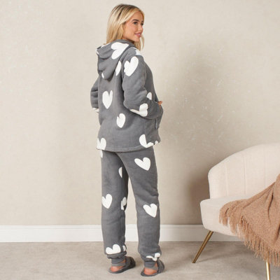 Heart Sherpa Fleece Pyjama Set Soft Womens PJ Top Jumper Joggers Warm Medium DIY at B Q