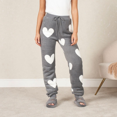 Heart Sherpa Fleece Pyjama Set Soft Womens PJ Top Jumper Joggers Warm - Medium - 4