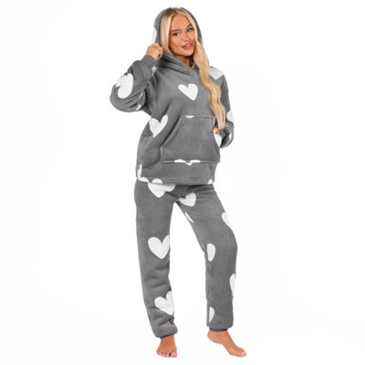 Heart Sherpa Fleece Pyjama Set Soft Womens PJ Top Jumper Joggers Warm - Medium - 5