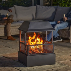 Heat Haze Fireplace Style Fire Pit - Weatherproof Black Metal Outdoor Garden Wood, Log or Briquette Burner - H80.5 x W58 x D48cm