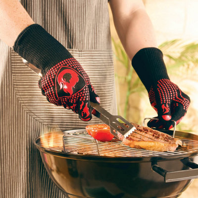 Heat-Resistant BBQ Gloves, One Size, Silicone Grip, Long Cuff