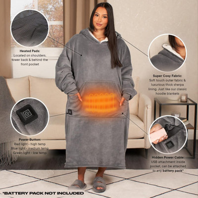Heated Hoodie Blanket Extra Long Oversized Warm Fleece Sherpa Throw USB Jumper - 3