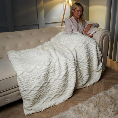 Heated Throw Cable Knit Fleece Blanket Warm Supersoft Sherpa Plush Sofa Chair