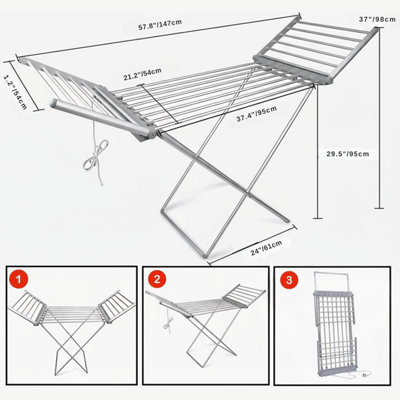 Heated Winged Clothes Airer, Foldable Electric Drying Rack with 20 ...