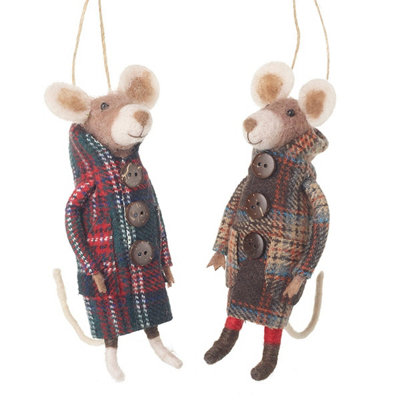 Heaven Sends Christmas set of 2 felt mice in tartan jackets hanging ...