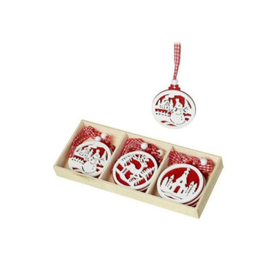 Heaven Sends Christmas - Set of 9 Red and White Scandi Wooden Disc ...