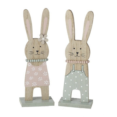 Heaven Sends Set of 2 Wooden Pastel Rabbit Easter Decorations, Floral ...