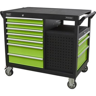 Heavy Duty 10 Drawer Mobile Workstation Trolley - 2 x Open Shelves - 5" Castors