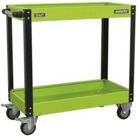 Heavy Duty 2 Level Workshop Trolley - 80kg Per Shelf - Locking Castors - Green