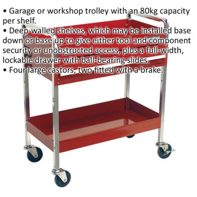 Heavy Duty 2 Level Workshop Trolley - Lockable Drawer - 80kg Per Shelf - Red