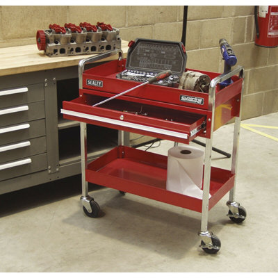 Heavy Duty 2 Level Workshop Trolley - Lockable Drawer - 80kg Per Shelf - Red