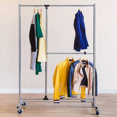Heavy Duty 2 Tier Clothes Rail With Wheels Adjustable Wardrobe Storage Rack