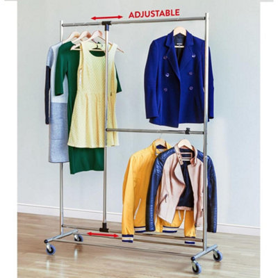 Heavy Duty 2 Tier Clothes Rail With Wheels Adjustable Wardrobe Storage Rack