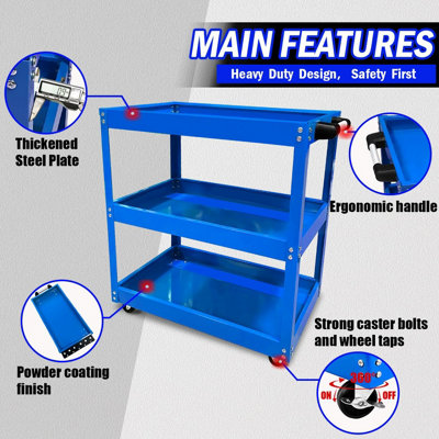 Heavy Duty 3 Shelves Rolling Carts with Brake Wheels, 120KG Load Capacity, Blue