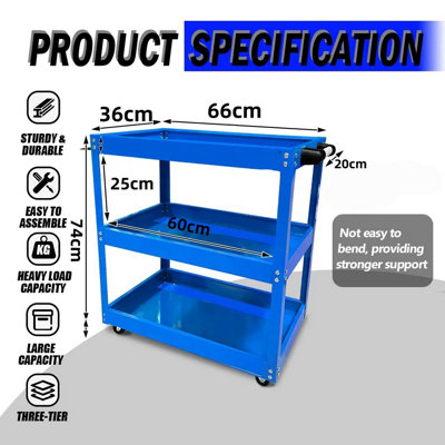 Heavy Duty 3 Shelves Rolling Carts with Brake Wheels, 120KG Load Capacity, Blue