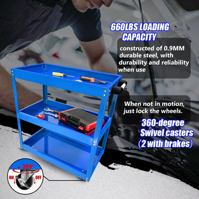 Heavy Duty 3 Shelves Rolling Carts with Brake Wheels, 120KG Load Capacity, Blue