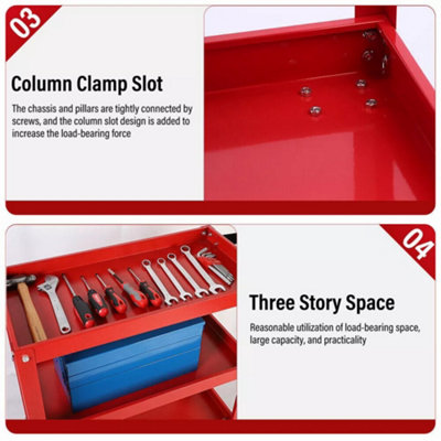 Heavy Duty 3 Shelves Rolling Carts with Brake Wheels, 120KG Load Capacity, Red
