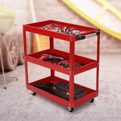 Heavy Duty 3 Shelves Rolling Carts with Brake Wheels, 120KG Load Capacity, Red