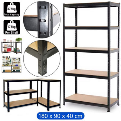 Heavy Duty 5-Tier Boltless Racking Shelving Unit for Garage, Shed and Workshop - 180 x 90 x 40 cm - Black - 875KG Capacity