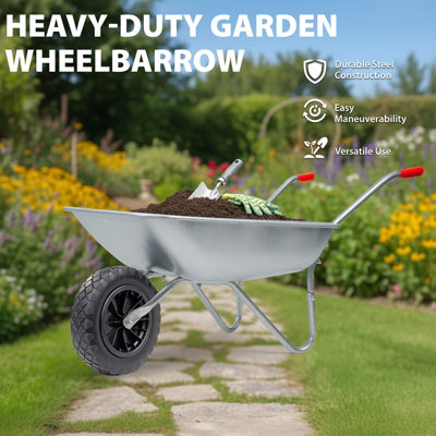 Heavy Duty 65L Galvanised Metal Wheelbarrow Home Garden Cart ...