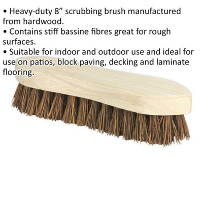 Heavy Duty 8 Inch Scrubbing Brush - Hardwood Handle - Stiff Bassine Bristles