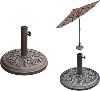 Heavy Duty 9kg Garden Parasol Patio Umbrella Holder Base with Cast Iron Floral Rose Design Secure and Robust Airer Poles Bronze