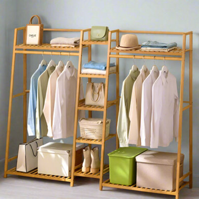 Heavy Duty Bamboo Clothes Rail Rack with Corner Storage Shelves - Natural