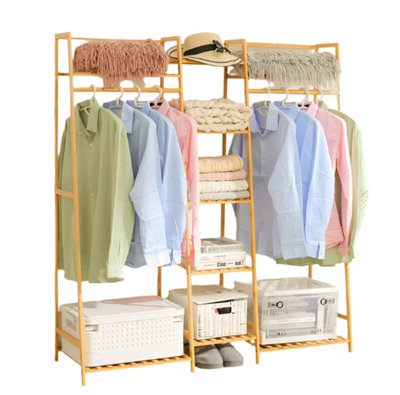 Heavy Duty Bamboo Clothes Rail Rack with Corner Storage Shelves - Natural