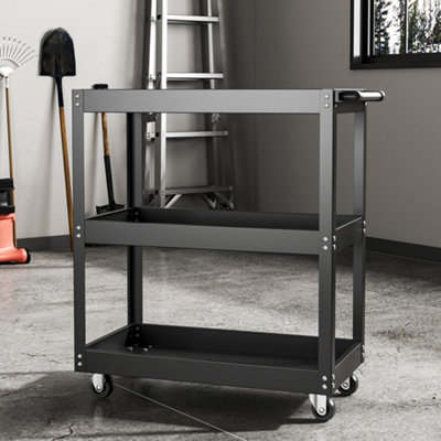Heavy Duty Black Coated Metal Tool Cart with 3 Tiers and Rolling Wheels