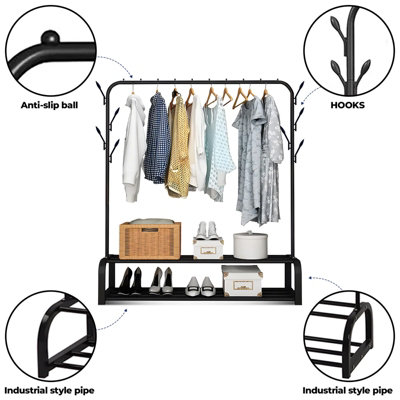 Heavy Duty Black Metal Clothes Rack with Hanging Rail & Shoe Storage ...