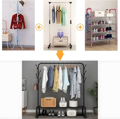 Heavy Duty Black Metal Clothes Rack with Hanging Rail & Shoe Storage ...