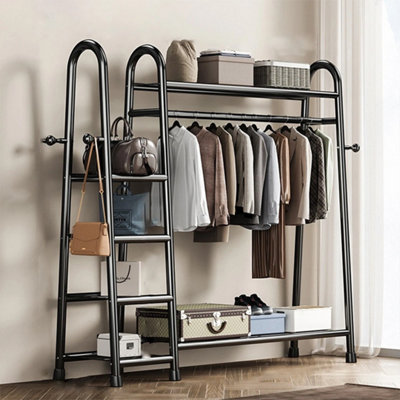 Heavy Duty Black Metal Double Clothes Rail Garment Rack with Shelves