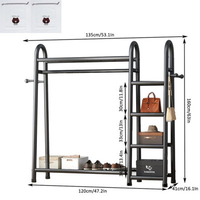 Heavy Duty Black Metal Double Clothes Rail Garment Rack with Shelves