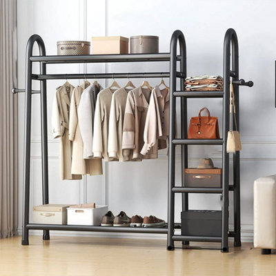 Heavy Duty Black Metal Double Clothes Rail Garment Rack with Shelves