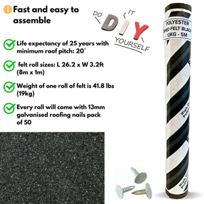 Heavy-Duty Black Polyester Shed Roofing Felt (8m x 1m) - With 13mm Pack of 50 Galvanized Nails - 25-Year Life Expectancy Roof Felt