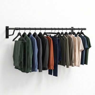 Heavy Duty Black Wall Mounted Hanging Clothes Rail Garment Rack - 1200mm