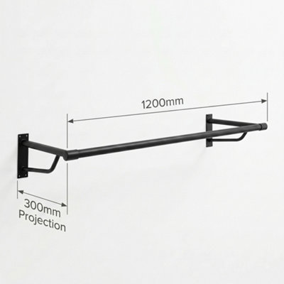 Heavy Duty Black Wall Mounted Hanging Clothes Rail Garment Rack - 1200mm