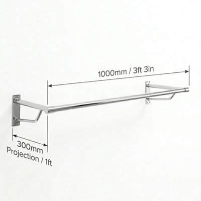 Heavy Duty Chrome Wall Mounted Hanging Clothes Rail Garment Rack - 1500mm