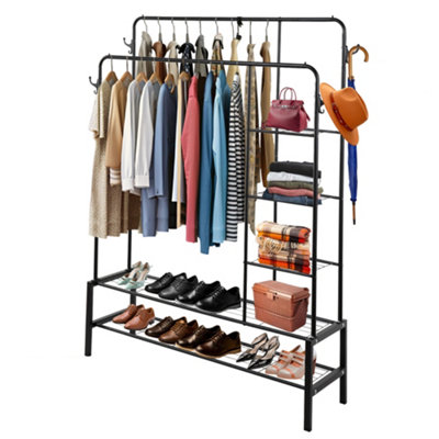 Heavy Duty Clothes Rail, Strong & Sturdy 130KG Metal Black  With Shoe Rack and Shelves