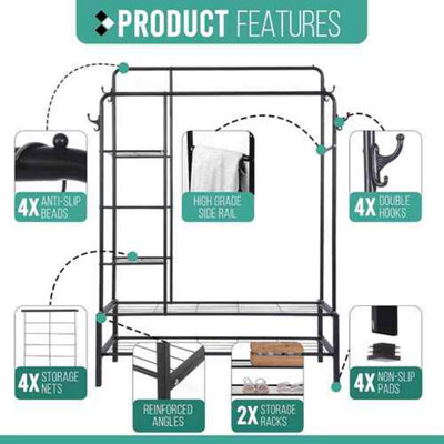Heavy duty clothes rail, Sturdy steel frame with shelves and shoe rack