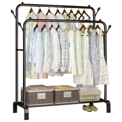 Heavy Duty Double Clothes Rail with Shoe Storage - Black Steel