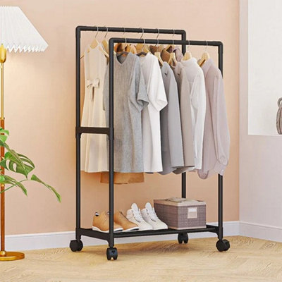 Heavy Duty Double Rail Clothes Hanging Rack with Storage Shelf