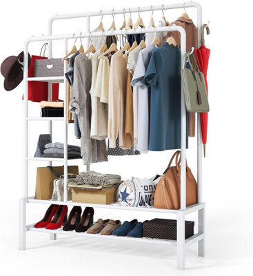 Heavy Duty Dual Metal Clothes Rail Stand with Shelves Hanging Storage Shelf Bedroom Garment Rack White